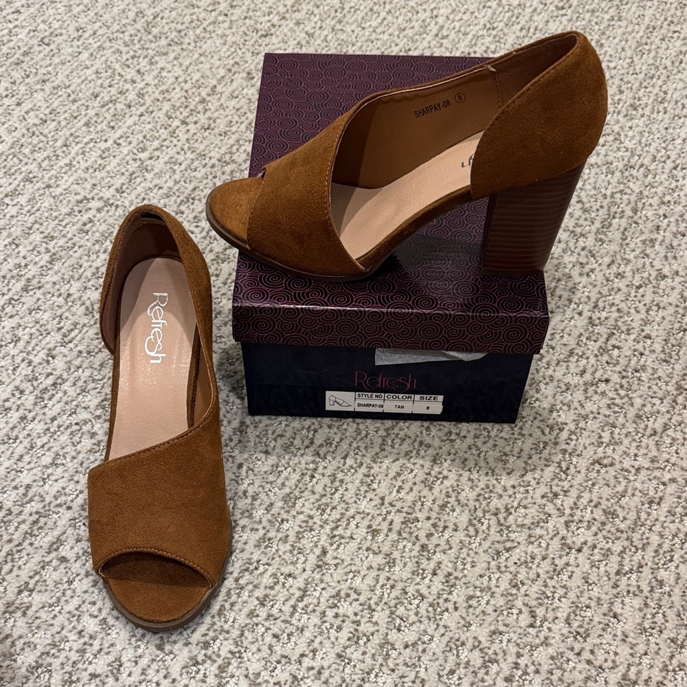 Refresh Tan Suede Peep-Toe Block Heels- New In Box